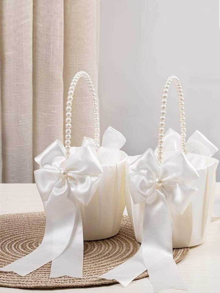 1pc Wedding Flower Girl Basket - White Lace Basket With Silk Rose Flowers, Elegant Satin Basket F... | SHEIN