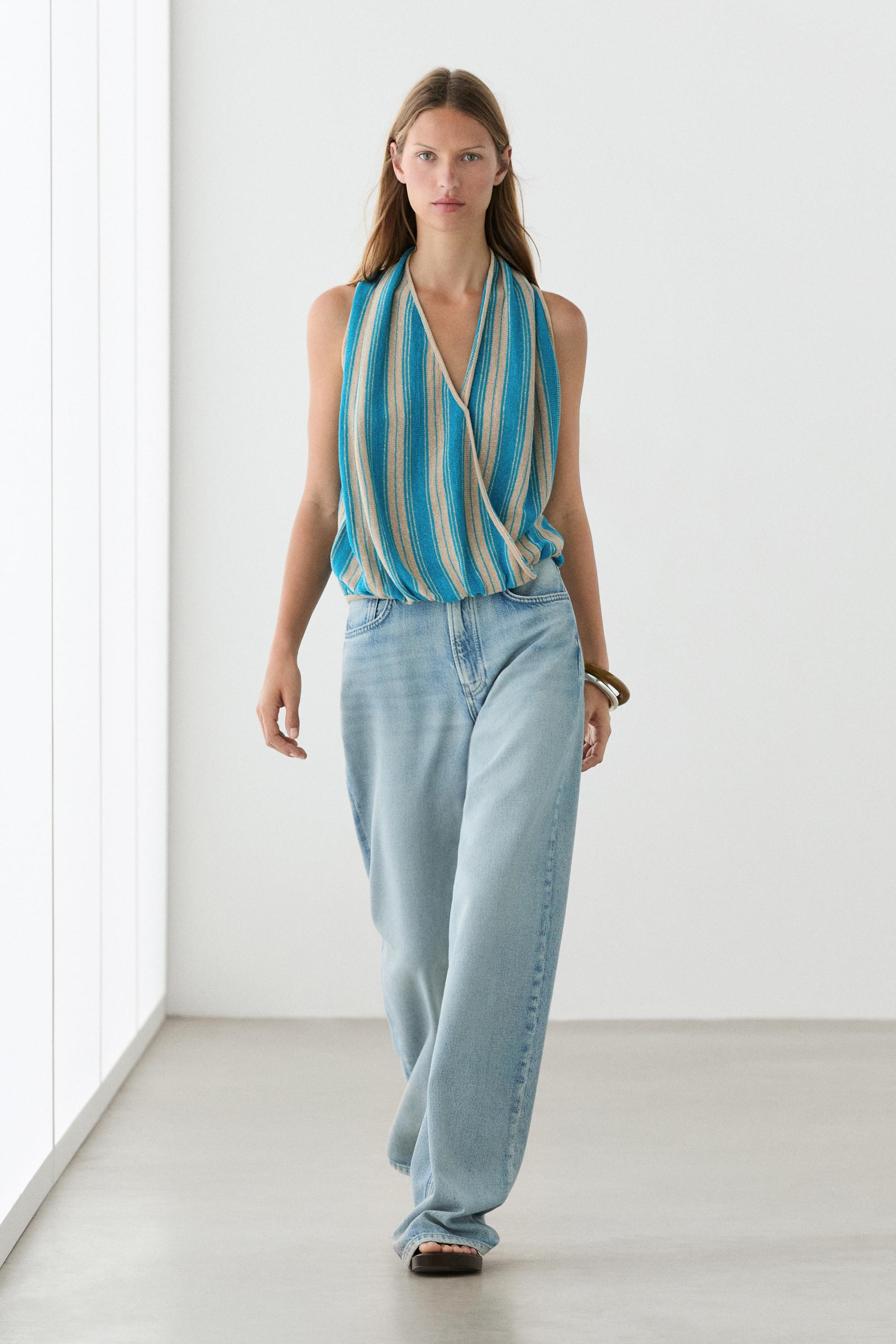 Striped linen blend surplice top · Turquoise · Topsâ Andâ Others | Massimo Dutti | Massimo Dutti US