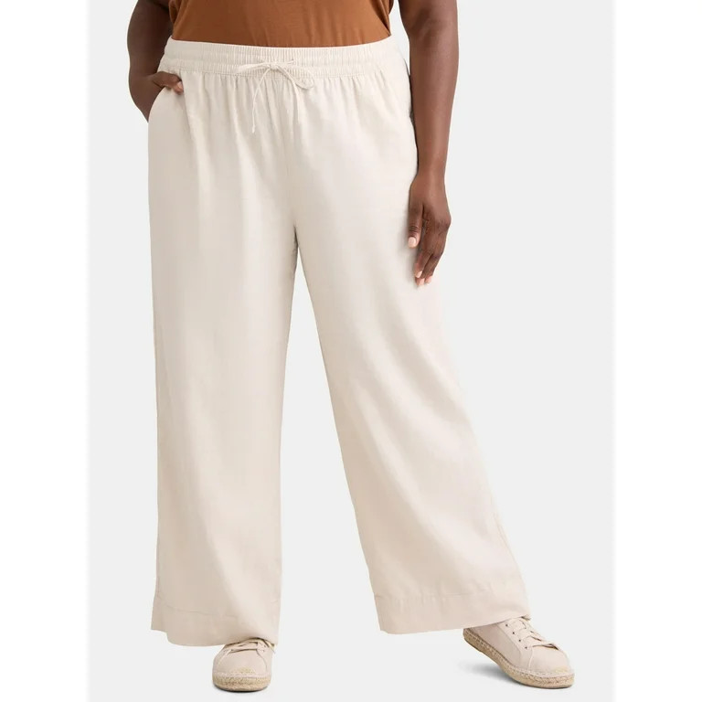 Time and Tru Women's and Women's Plus Wide Leg Linen Blend Pants, 29" Inseam, Sizes XS-4X | Walmart (US)