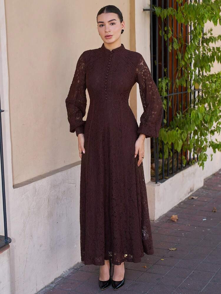 Andrea Bello Women's Long Sleeve Lace Wine Red Dress Maxi Women Outfit | SHEIN