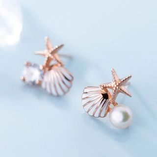 A’ROCH - 925 Sterling Silver Asymmetric Rhinestone Faux Pearl Stud Earring4This item is tempora... | YesStyle Global