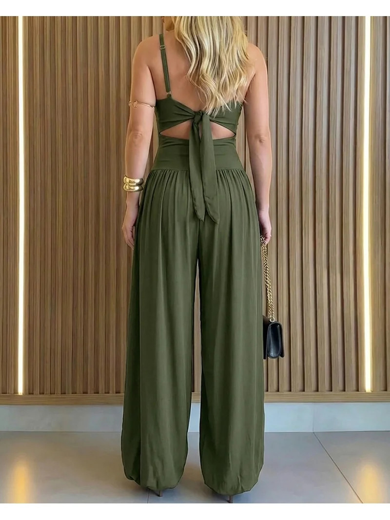 ChicMe Jumpsuits for Women Spaghetti Strap Sleeveless Cut-Out Waist Backless Tie-Back Ruched Wide... | Walmart (US)
