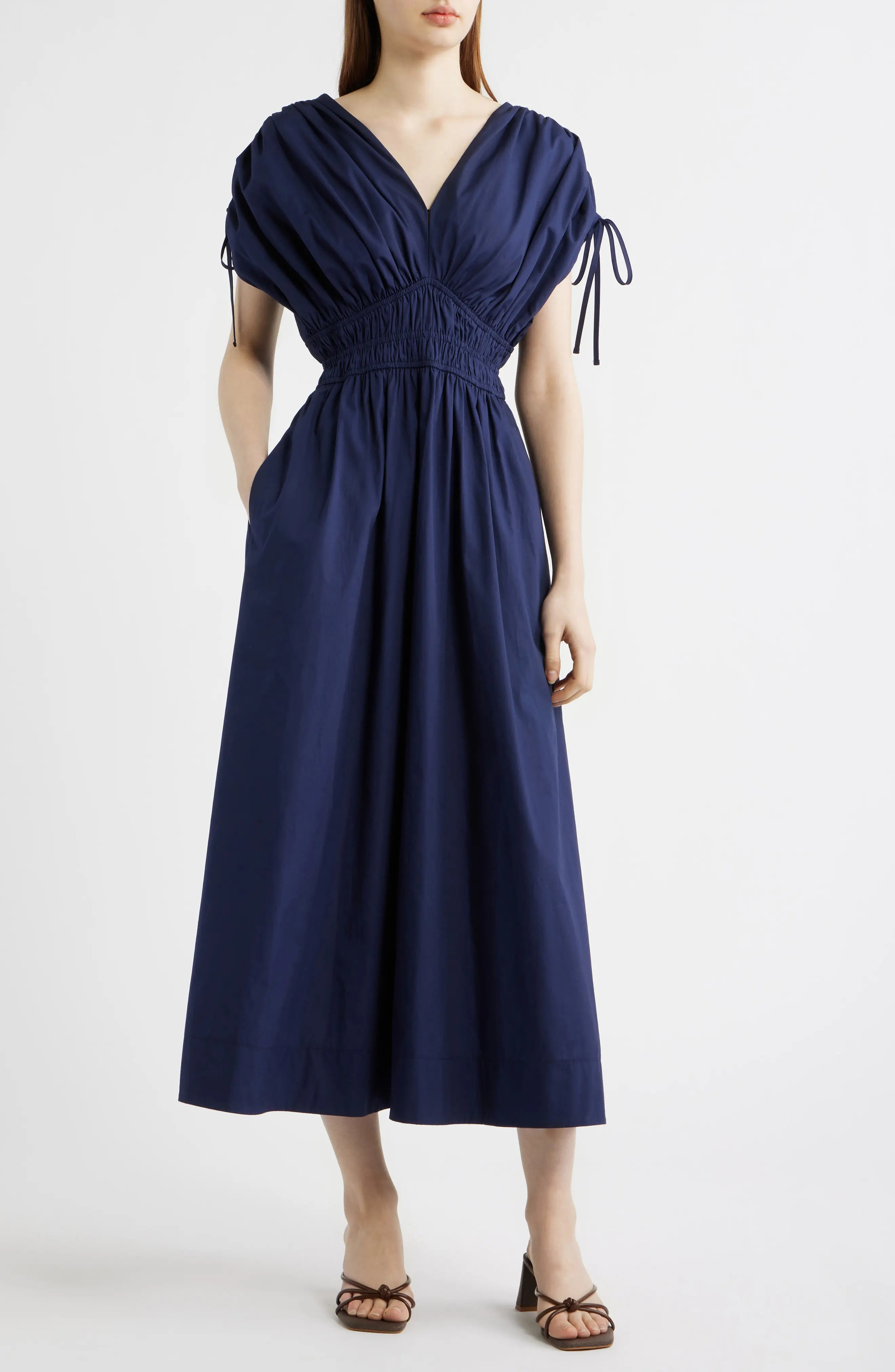 Vince Camuto Cotton Poplin Ruched Tie Shoulder Dress (Women) | Nordstrom | Nordstrom