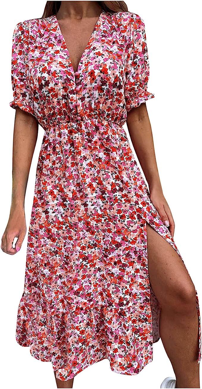 Dress Short Sleeve V-Neck Beach Maxi Summer Sundress Print Womens Floral Women's Dress Women Dres... | Amazon (US)