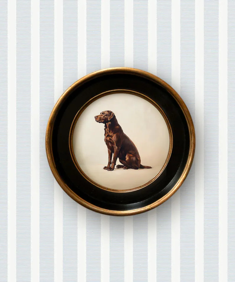 Chocolate Lab Dog Art Print | Vintage Style Round Frame | Chocolate Labrador Wall Art | Dog Art f... | Etsy (US)