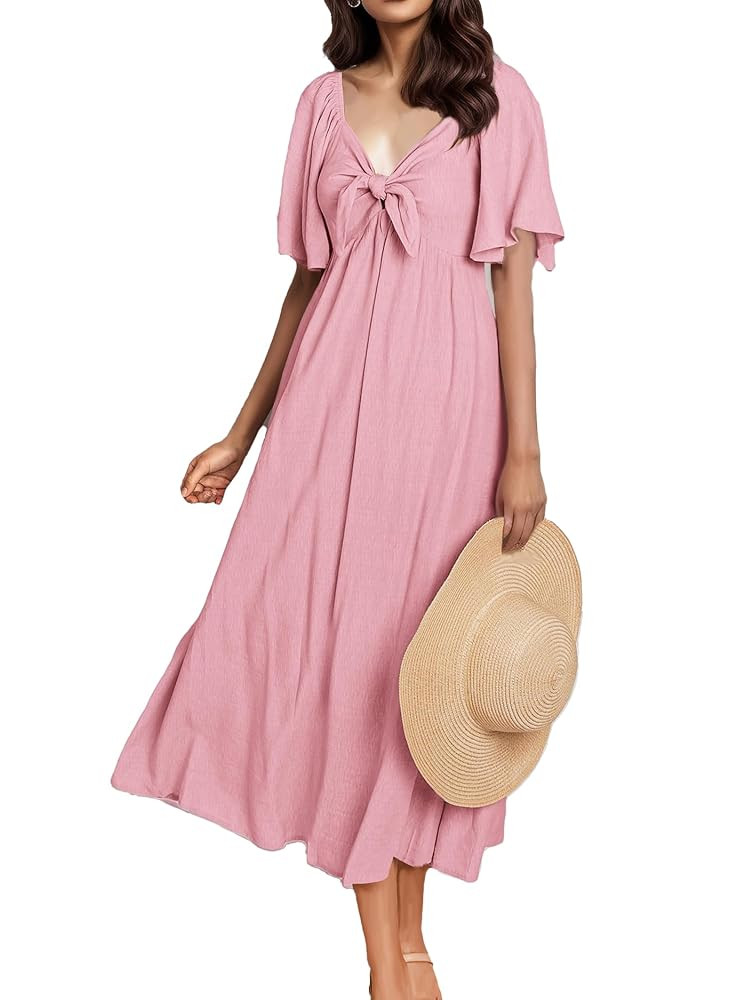 GOLDSTITCH Summer Dress for Women 2025 Casual Short Sleeve Bow Tie V Neck Smocked High Waist A-Li... | Amazon (US)