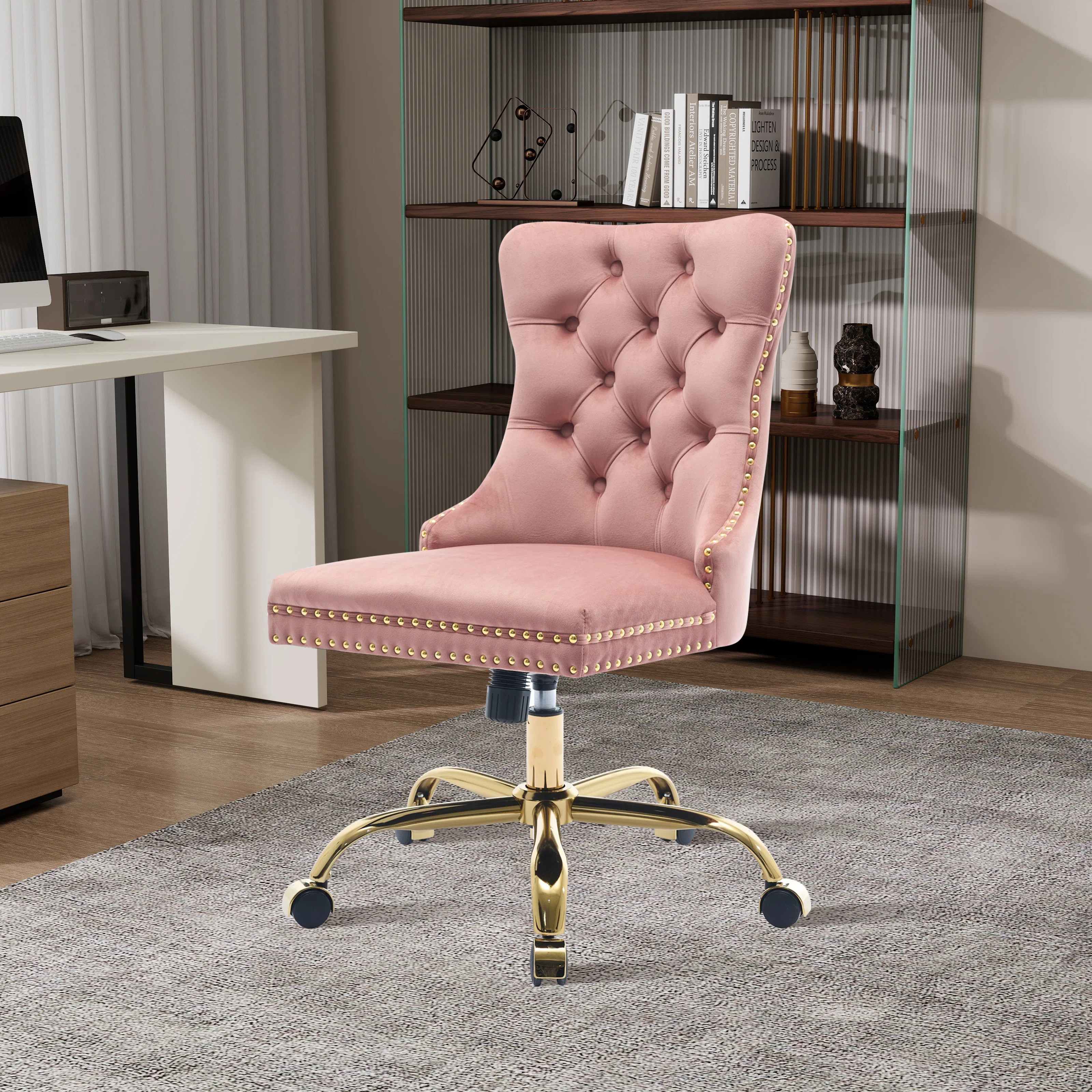 Velvet Upholstered Office Chair,Swivel Task Chair With Golden Metal Base | Wayfair North America