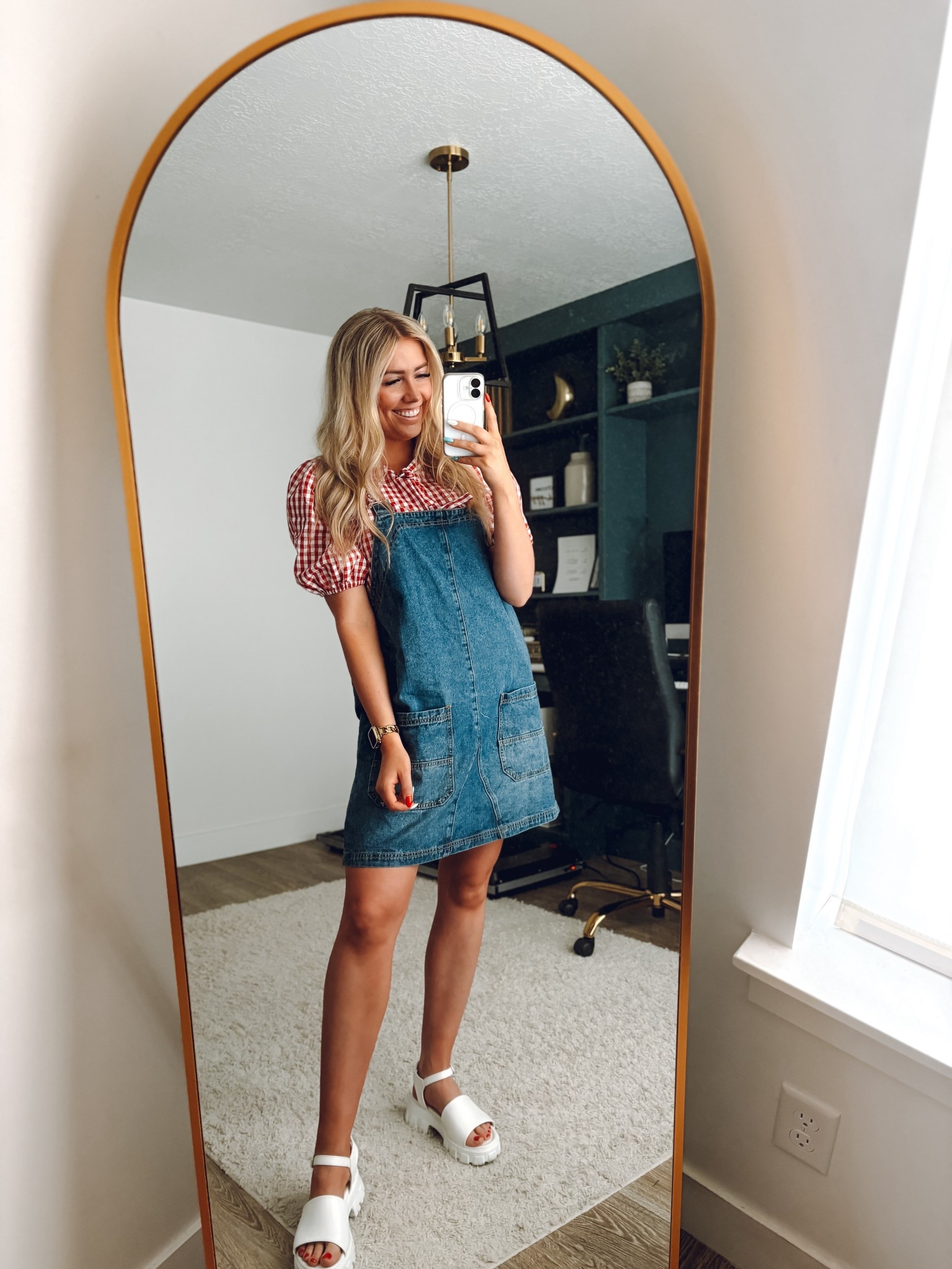 Fourth of July outfit idea!
Denim overall dress: wearing L
Red gingham Top: true to size 
White Sandals: true to size 

| summer outfit | Fourth of July outfit | patriotic outfit | summer fashion | Independence Day outfit 

#LTKFindsUnder100 #LTKSeasonal