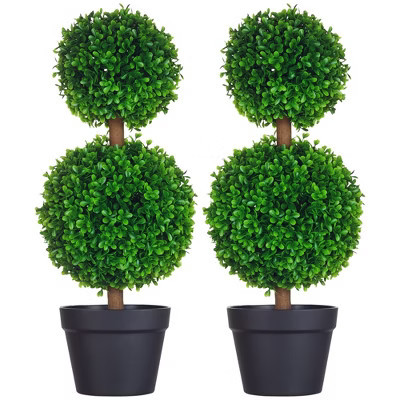 HOMCOM 2 Pack 23.6" Artificial Boxwood Topiary Ball Trees Set of 2, Double Ball-Shaped Boxwood Artificial Topiary Plants for Indoor Outdoor, Green | Target