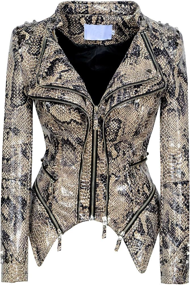 chouyatou Women's Fashion Snake Pattern Print Studded Moto Pu Leather Biker Jacket | Amazon (US)
