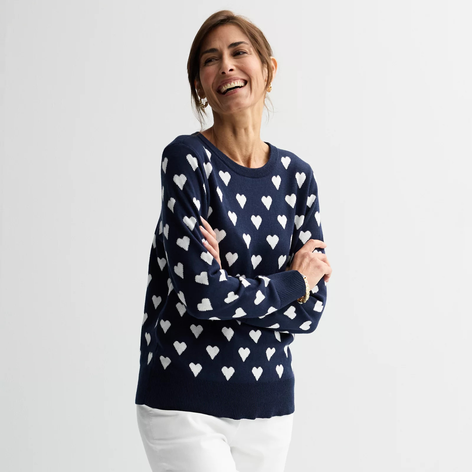 Women's Croft & Barrow® Heart Print Pullover Sweater, Size: XL, Navy Ivory Knit Heart | Kohl's