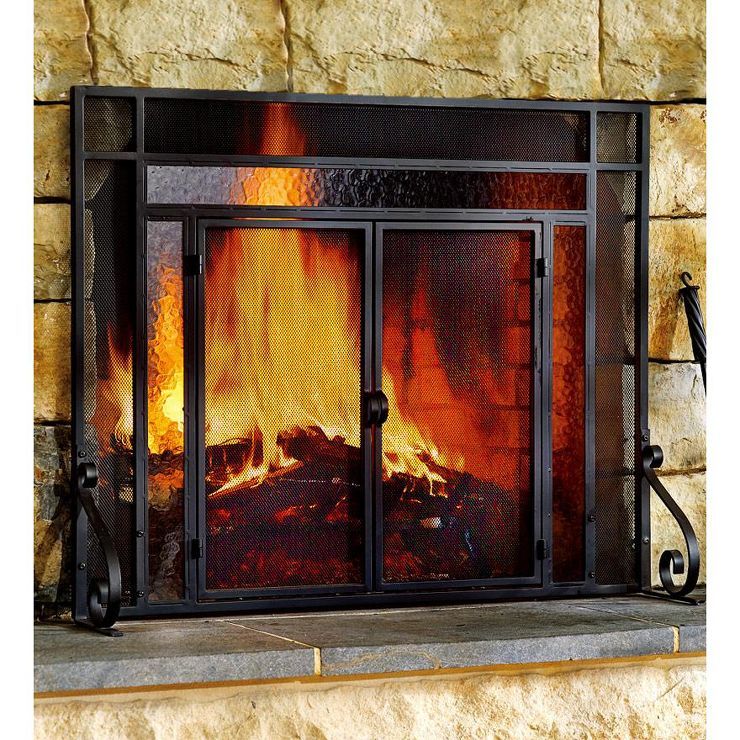 Plow & Hearth - 2-Door Steel Fireplace Fire Screen with Tempered Glass Accents, Black | Target