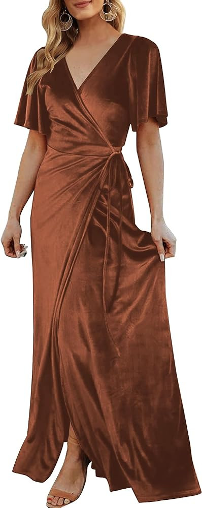 Women's Wrap Velvet Maxi Dress V Neck Bell Sleeve Split Elegant Cocktail Party Dress | Amazon (US)