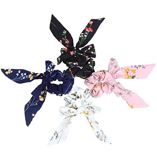 Hair Scarf Silk Scrunchies Ponytail - (4 Pack) SOLID DREAM FLOWERS Hair Ties (Black, Blue, Pink, ... | Amazon (US)
