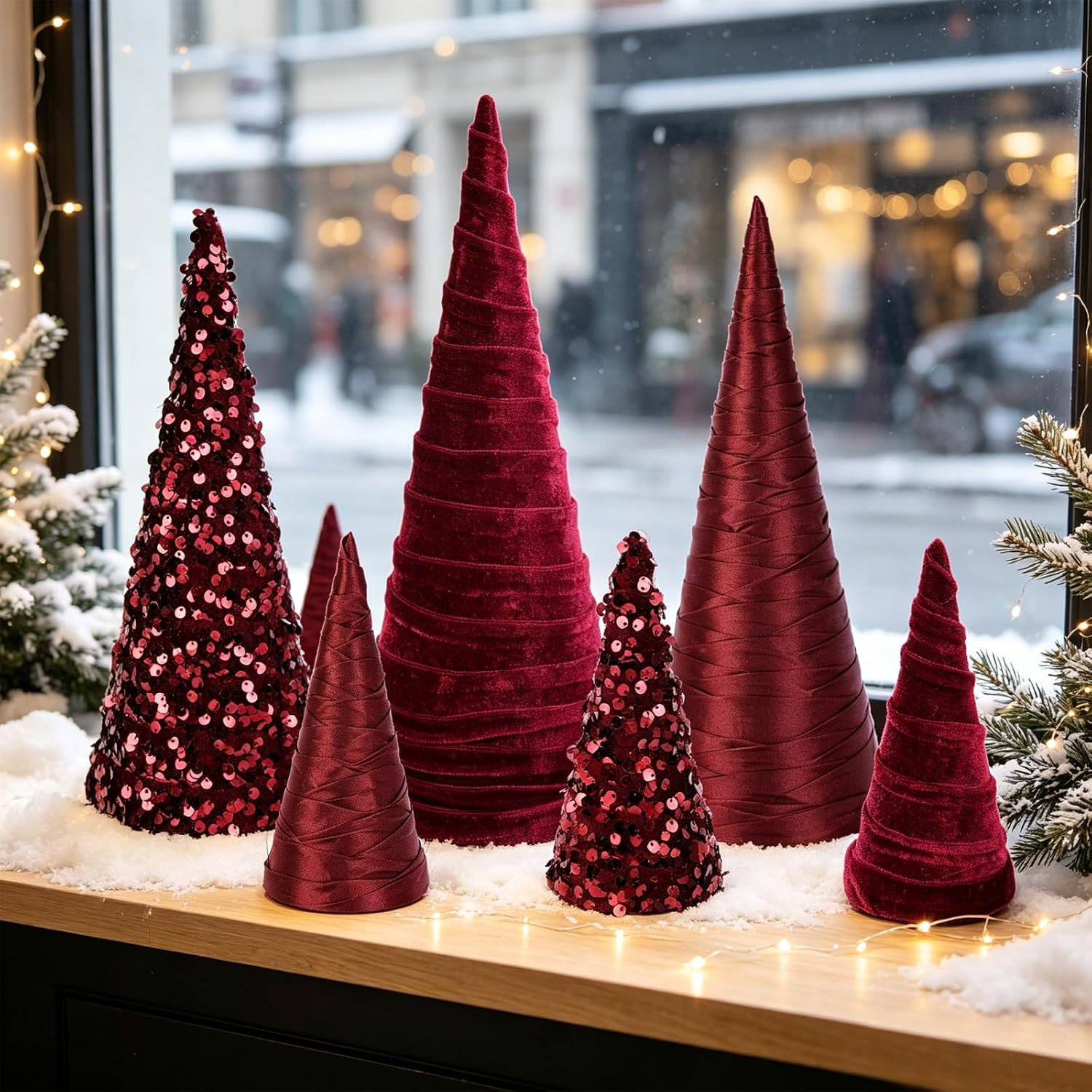 6 PCS 12" 10" 6" Burgundy Christmas Velvet Cone Tree Decorations Christmas Glitter Tree Farmhouse Tree Tiered Tray Ornament for Xmas Winter Home Holiday Rustic Fireplace Shelf Tabletop Tree Decor | Amazon (US)