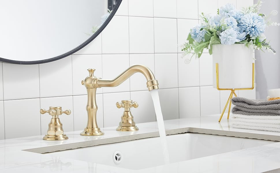 2 Handles Bathroom Faucet GGStudy Brushed Gold 2 Handles 3 Holes Widespread Bathroom Sink Facuet ... | Amazon (US)