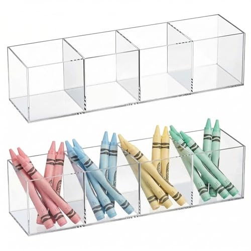 Epakh 2 Pieces 4 Compartment Acrylic Cube Organizer 4 Section Clear Acrylic Pencil Holder Small Drawer Organizer for Makeup Brush Crayon Desk Home Office Back to School Supplies | Amazon (US)