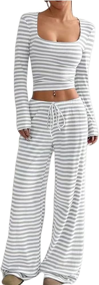 Womens 2 Piece Outfits Striped Long Sleeve Square Neck Cropped Top Drawstring Wide Leg Pants Loun... | Amazon (US)
