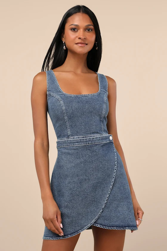 Merima Medium Wash Denim Wrap Mini Dress | Lulus