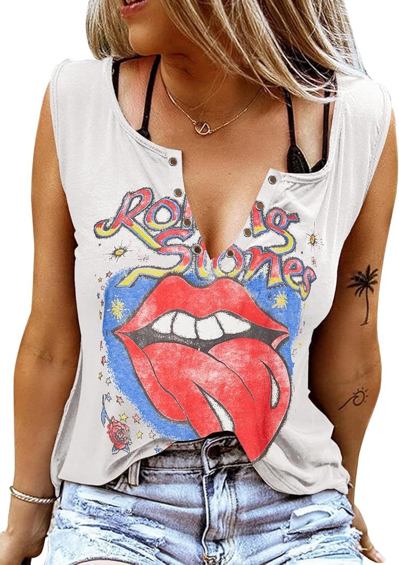 Womens Sleeveless Tank Tops Loose Fit Summer Fashion Sexy V Neck Tee Shirt Top | Amazon (US)