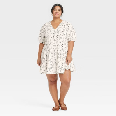 Women's Bell Elbow Sleeve Mini A-Line Dress - Universal Thread™ White Floral 1X | Target
