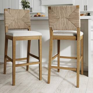Nathan James Beacon 29 in. Bohemian Boucle Upholstered Wood Bar Height Bar Stool w/Woven Back, Cr... | The Home Depot