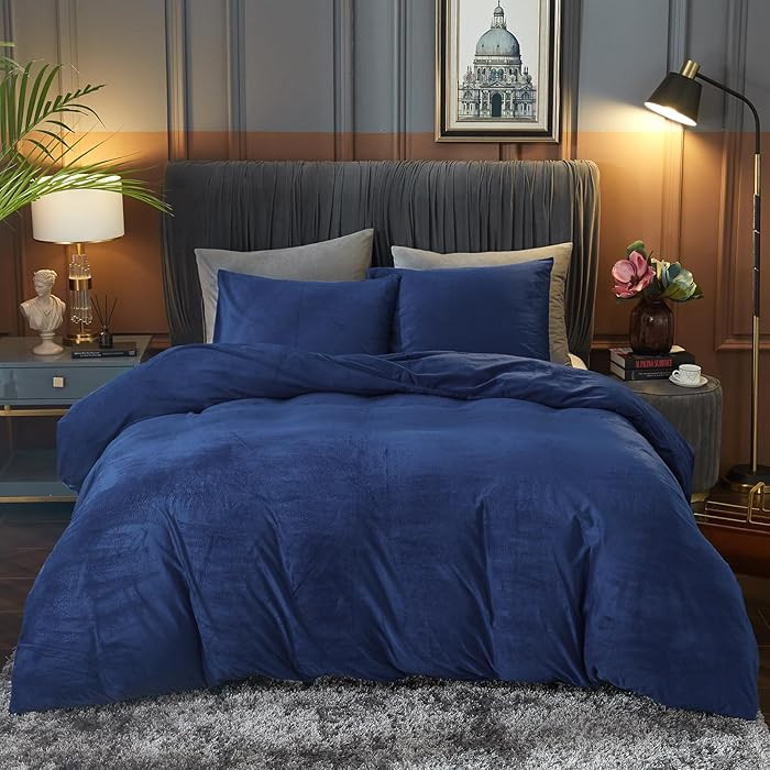Ivellow Velvet Duvet Cover Queen Size 3 Pcs Flannel Navy Blue Duvet Cover Queen Velvet Comforter ... | Amazon (US)