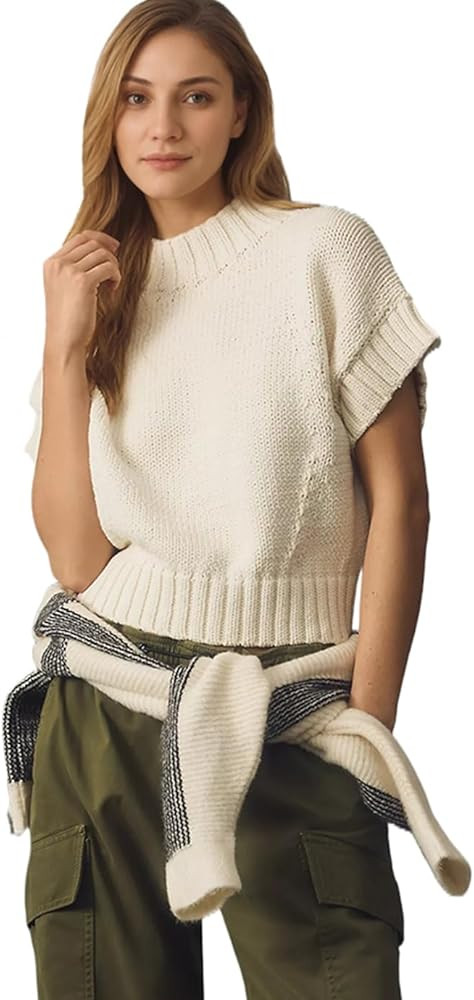 Womens Mock Neck Cap Sleeve Sweater Vest Casual Solid Cropped Tank Tops Pullover Sweaters | Amazon (US)