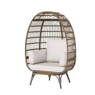 Oversized PE Rattan Egg Chair Indoor/Outdoor Steel Frame Lounge Chair with Beige Cushions | The Home Depot
