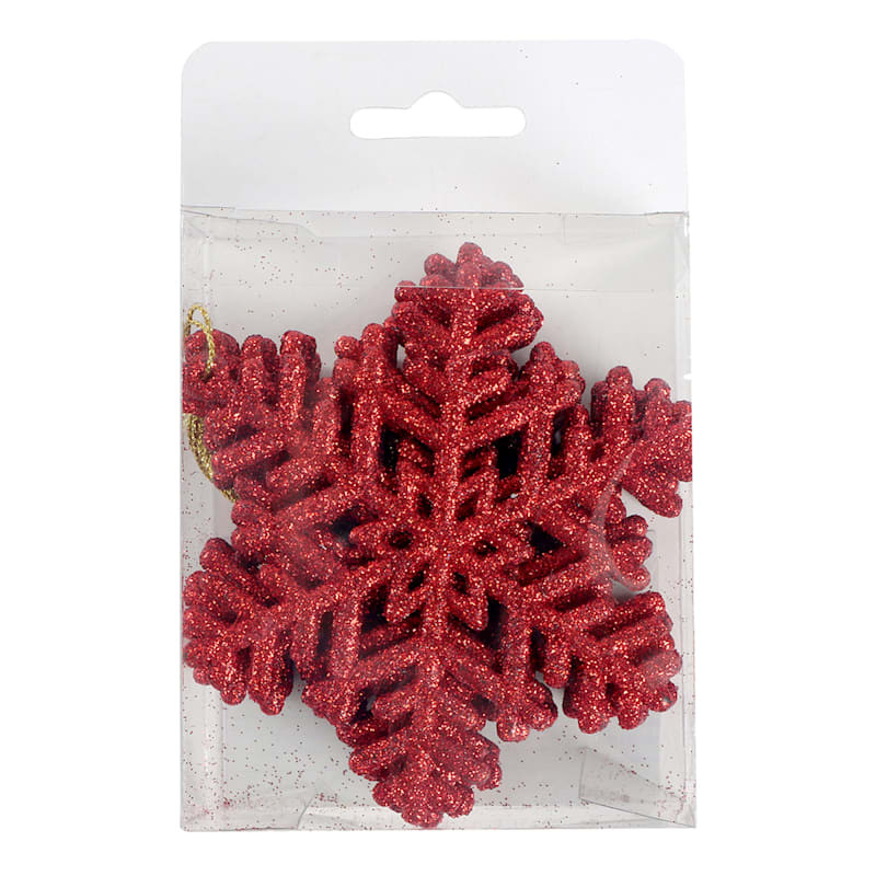 10-Count Red Glittered Snowflake Ornaments, 4" | At Home