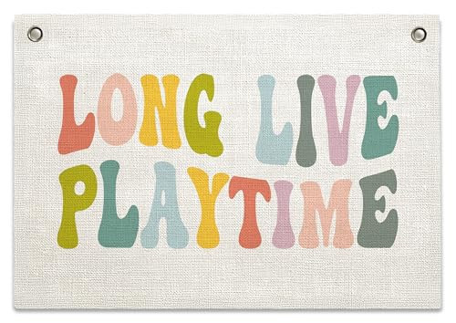 Long Live Playtime Banner – Girl Boy Room Decor Linen Banner Hanging Flag Retro Pink for Nursery Playroom Wall Art Decor for Kids Bedroom Dorm Toddler Decorations (Rainbow) | Amazon (US)