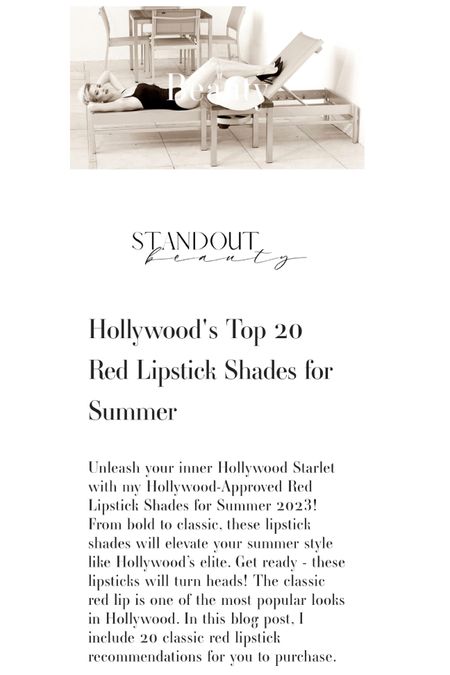 New on The Beauty Blog! 

Hollywood's Top 20 Red Lipstick Shades for Summer
Unleash your inner Hollywood Starlet with my Hollywood-Approved Red Lipstick Shades for Summer 2023! From bold to classic, these lipstick shades will elevate your summer style like Hollywood’s elite. Get ready - these lipsticks will turn heads! The classic red lip is one of the most popular looks in Hollywood. In this blog post, I include 20 classic red lipstick recommendations for you to purchase.

Visit haileyefeldman.com to shop my collection ! 

#LTKGiftGuide #LTKstyletip #LTKbeauty