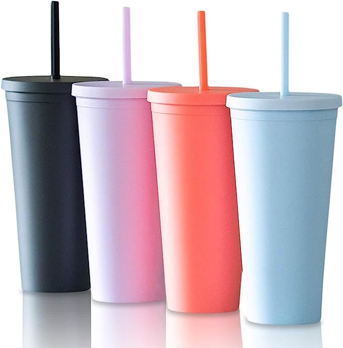 Tumblers with Lids (4 pack) 22oz Pastel Colored Acrylic Cups with Lids and Straws | Double Wall M... | Amazon (US)