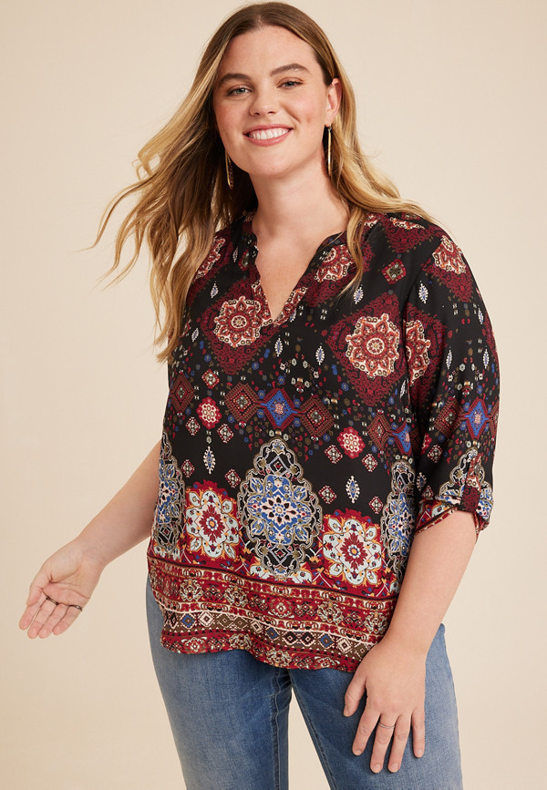 Plus Size Atwood Floral 3/4 Sleeve Popover Blouse | Maurices