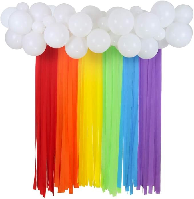 Rainbow Party Decorations Backdrop, Rainbow Color Crepe Paper Streamers 12" 5" White Balloons Gar... | Amazon (US)