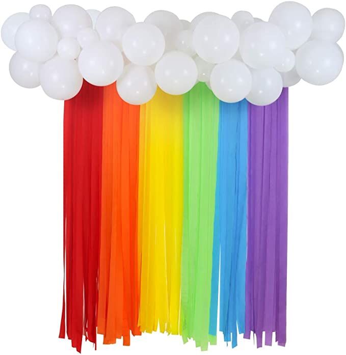 Rainbow Party Decorations Backdrop, Rainbow Color Crepe Paper Streamers 12" 5" White Balloons Gar... | Amazon (US)