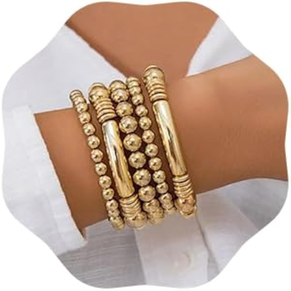 Jumwrit 5pcs Layered Beaded Bracelets Set for Women Dainty Stretch Elastic Round Ball Beads Chain... | Amazon (US)
