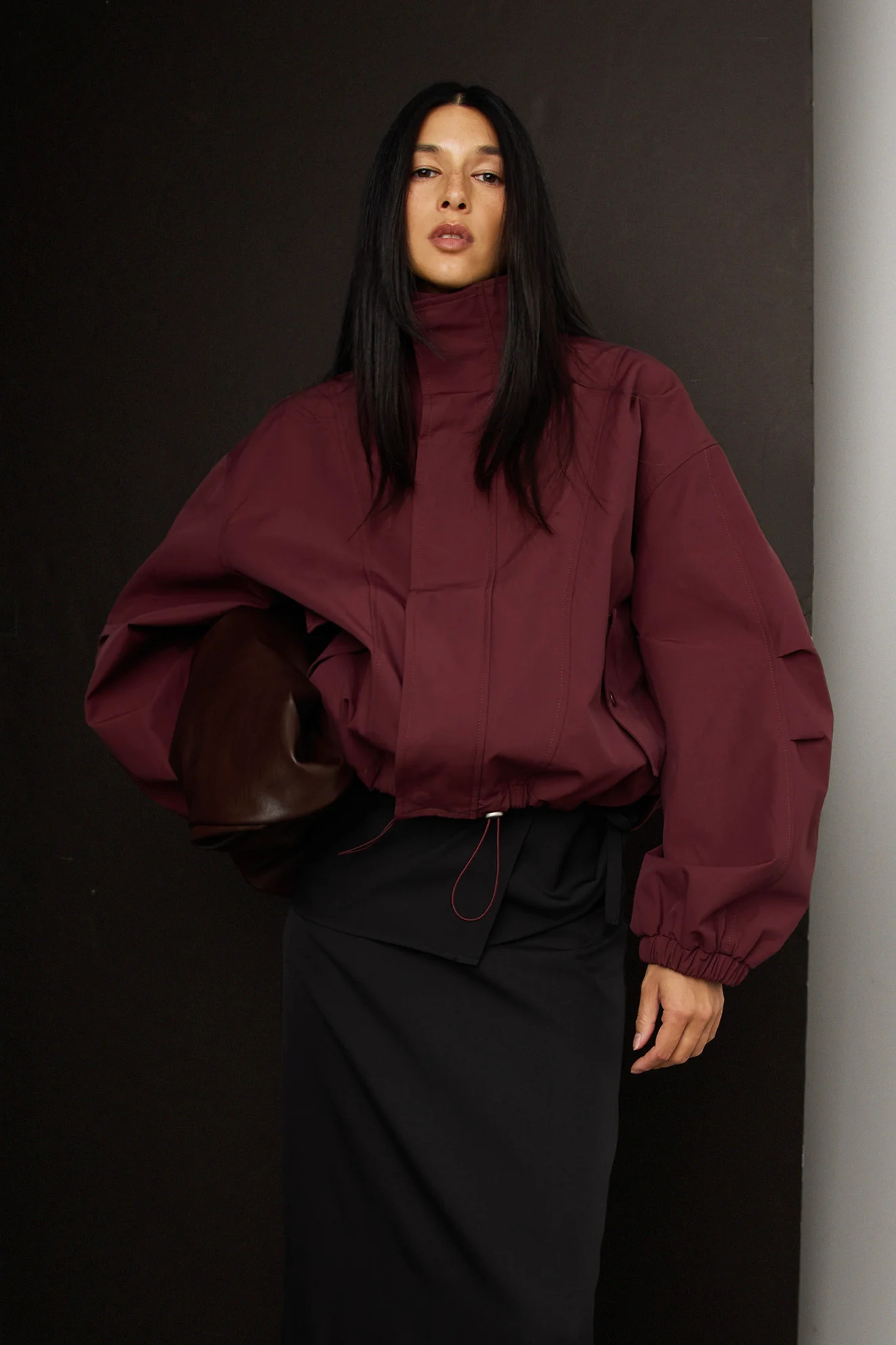 HIGH FUNNEL NECK CROPPED DRAWSTRING JACKET Charcoal / Large | OAK + FORT