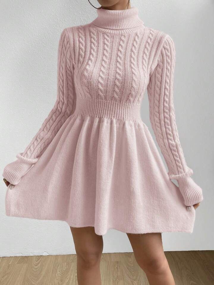 SHEIN Privé Cable Knit Turtleneck Sweater Dress | SHEIN