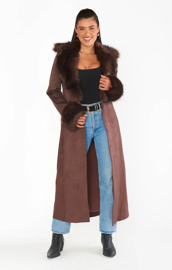 Penny Lane Long Coat ~ Cocoa Faux Suede with Faux Fur | Show Me Your Mumu