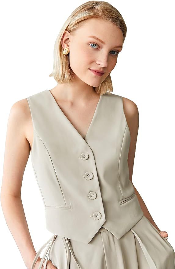Milumia Women's Sleeveless Blazer Vest V Neck Button Front Jacket Vest Short Work Business | Amazon (US)