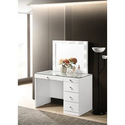 Makeup Vanity Table In White With 5 Drawers, Glass Top And Crystal For Bedroom Decor, Specification | Wayfair North America