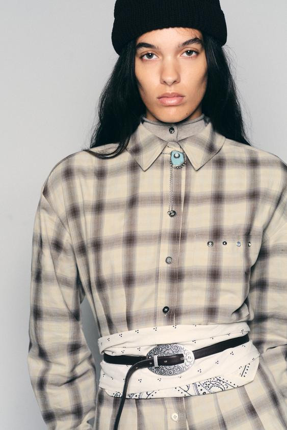 Zara - Plaid Studded Shirt - Brown-Blue - S - Woman | Zara US