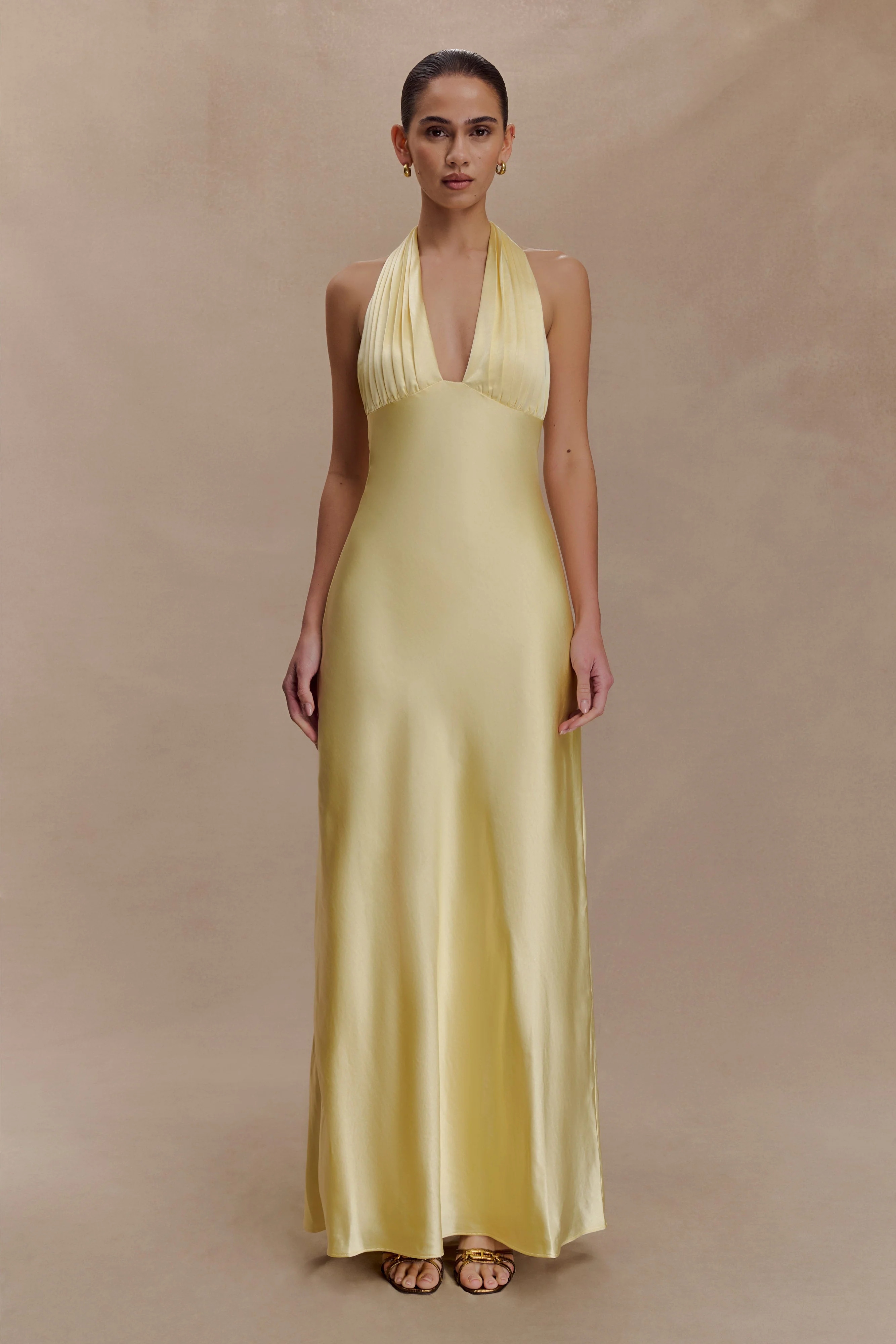 Alice Satin Halter Maxi Dress - Lemon | MESHKI US