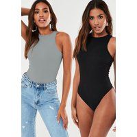 Gray And Black Ribbed High Neck Racer Back Bodysuit 2 Pack | Missguided (US & CA)