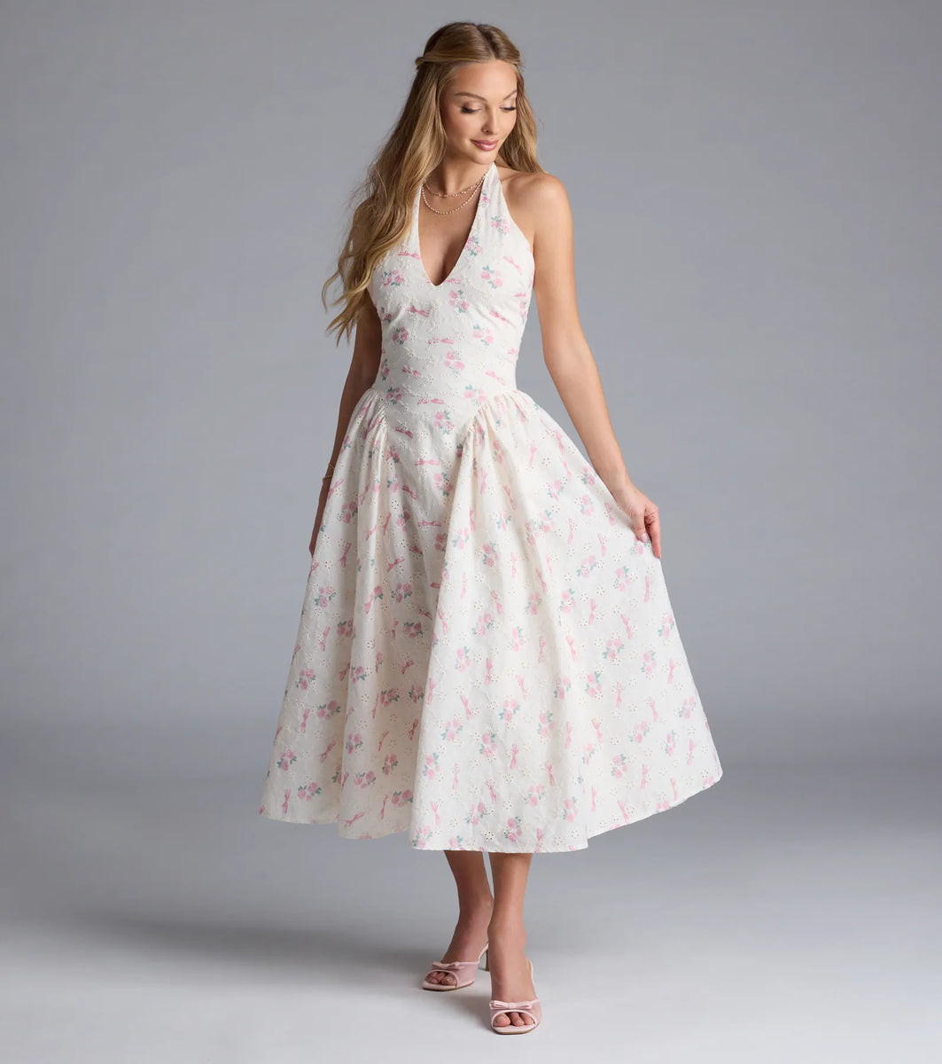 Sunny Daze Charm Halter V-Neck Floral A-Line Midi Dress | Windsor Stores