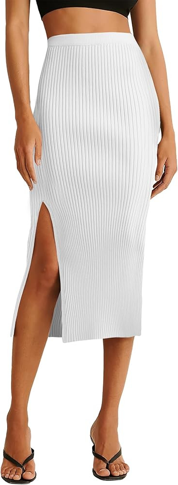 v28 Women Side Split Midi High Waisted Stretchy Ribbed Bodycon Casual Knit Pencil Skirt | Amazon (US)