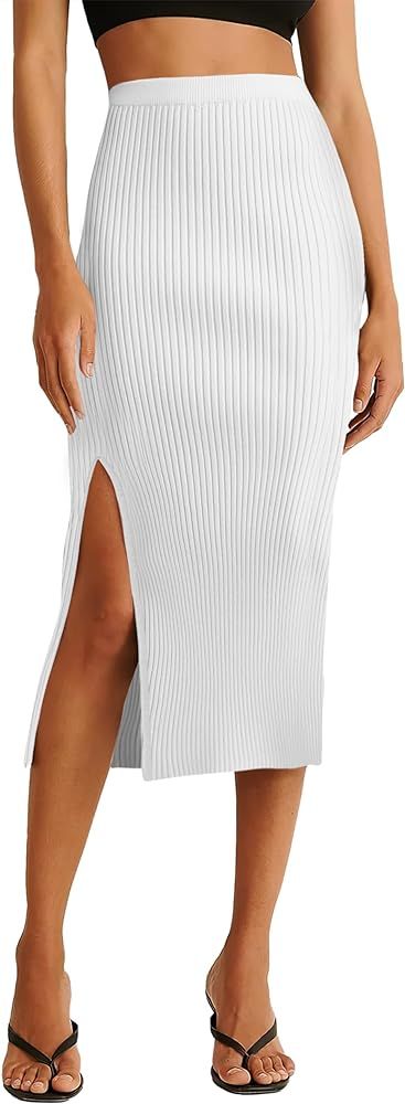 v28 Women Side Split Midi High Waisted Stretchy Ribbed Bodycon Casual Knit Pencil Skirt | Amazon (US)