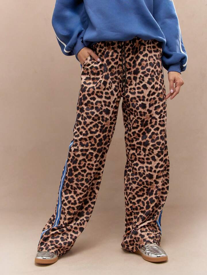 MISSGUIDED Leopard Print Side Stripe Wide Leg Pants With Drawstrings Winter Wear | SHEIN