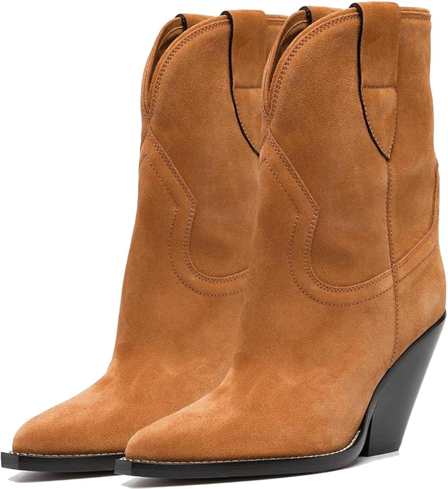 LEHOOR Women Cowboy Boots High Chunky Stacked Heel Western Mid calf Boots Pointed Toe Wide Calf P... | Amazon (US)